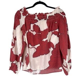 H&M Cream & Red Boho Casual Floral Flowy Smocked Neck Top Size Medium